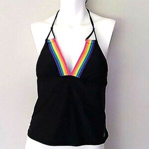 OP Black Tankini W/ Rainbow Crocheted Detail.